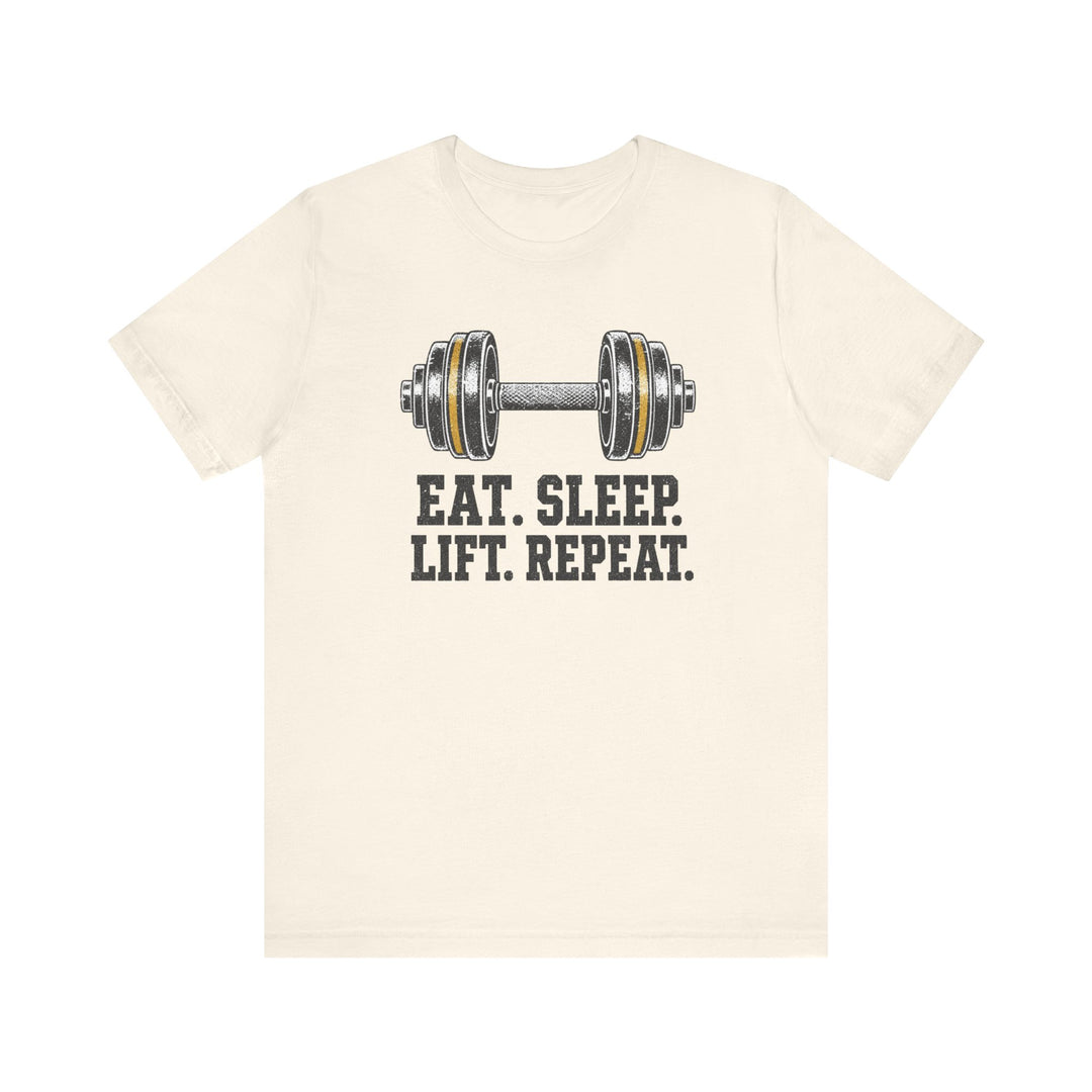 Natural weightlifting shirt with vintage distressed dumbbell illustration and eat sleep lift repeat bold typography graphic in charcoal and gold