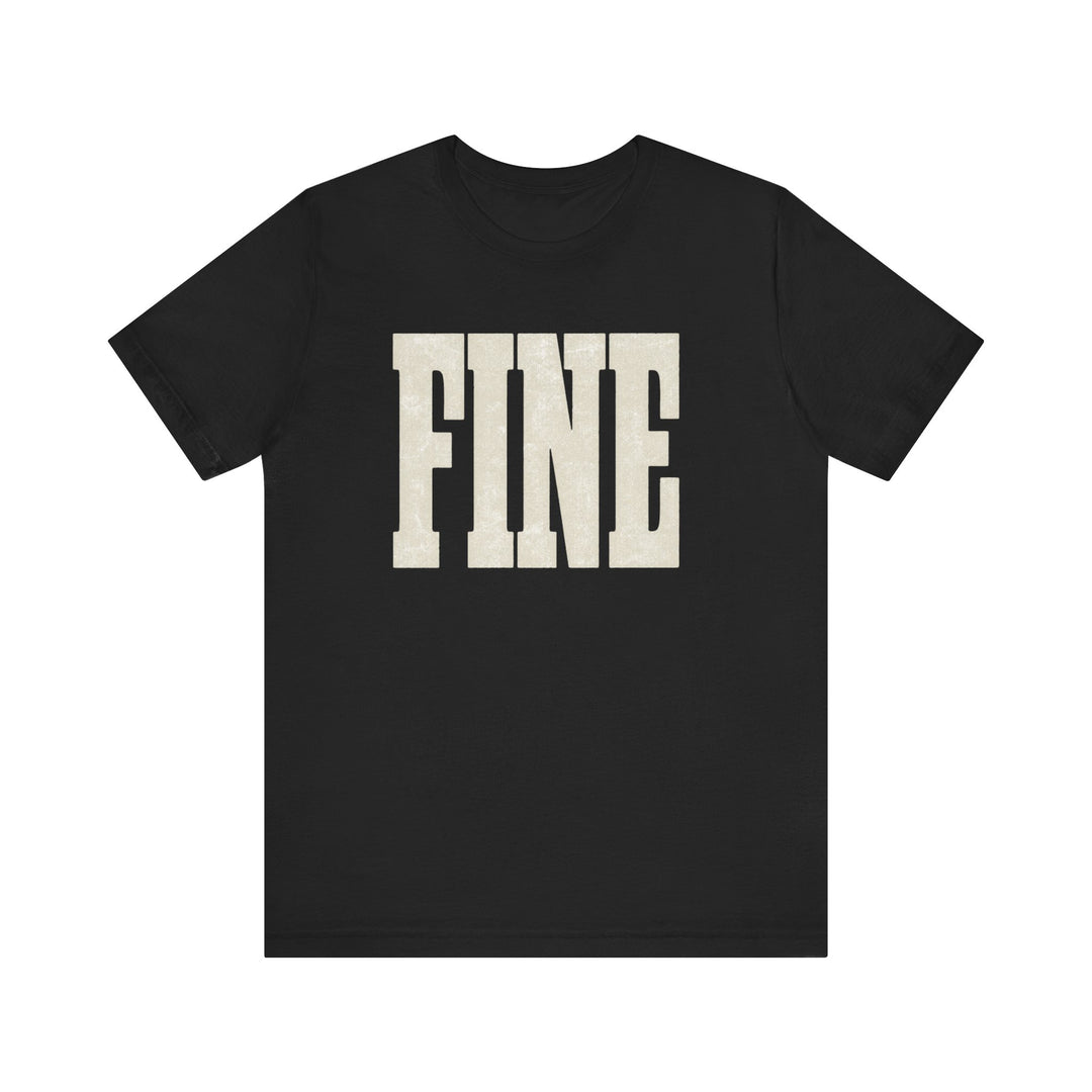 Black sarcastic tee with oversized bold distressed fine vintage block letter typography graphic in cream
