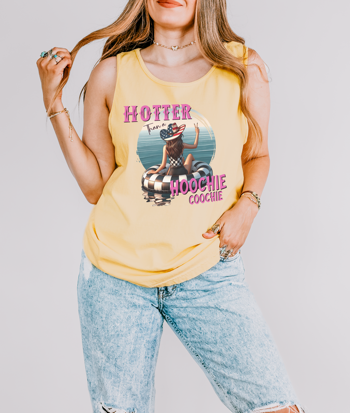 Hotter Than a Hoochie Coochie funny summer tank top in Butter yellow with pink retro text and a cowgirl on a checkered pool float