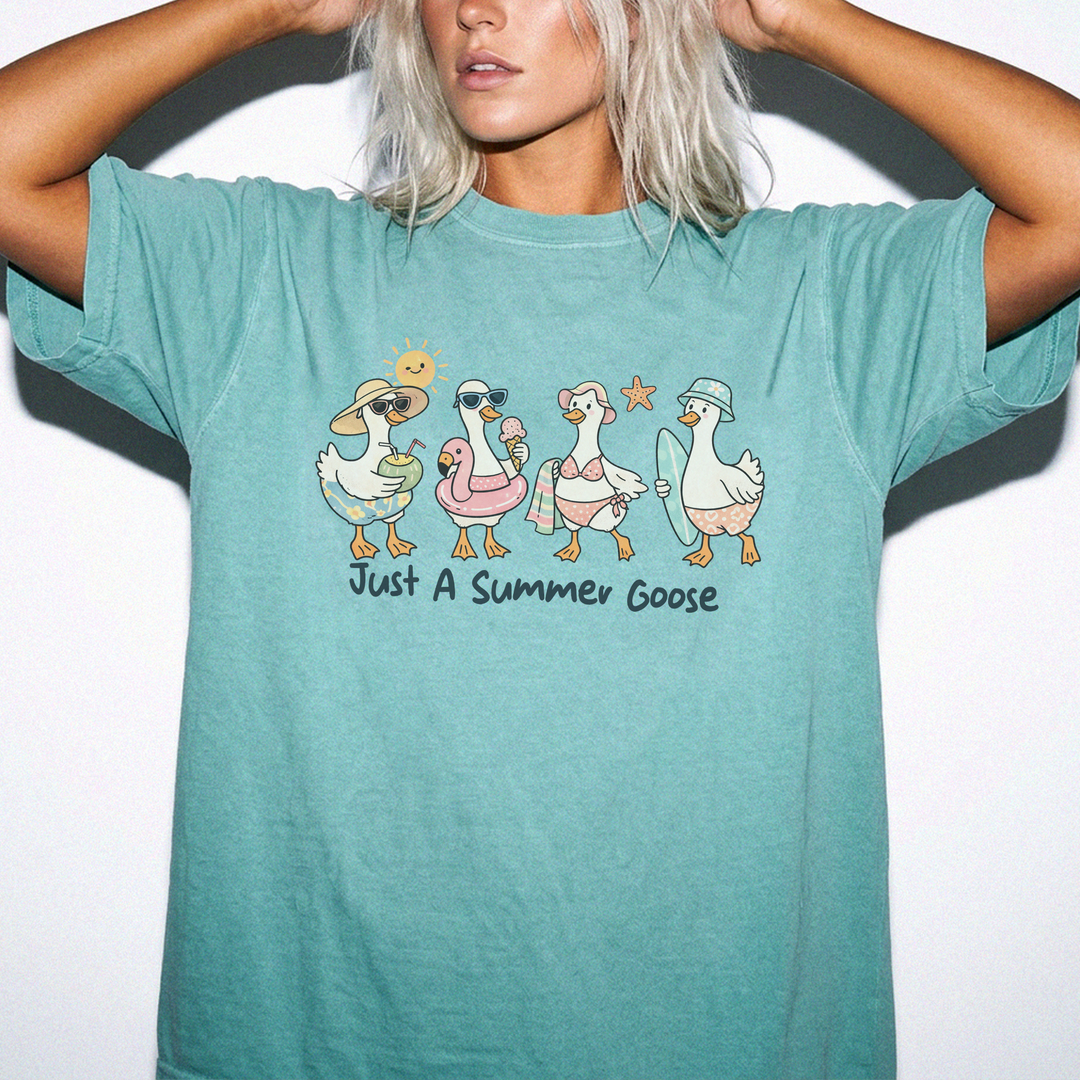 Just a Summer Goose graphic tee in Seafoam with four beach-dressed geese and the text Just A Summer Goose