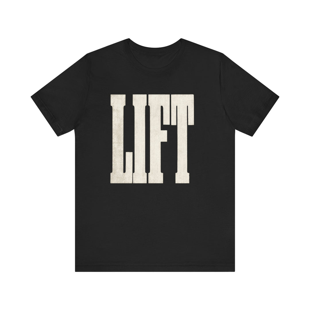 Black gym shirt with oversized bold distressed lift vintage block letter typography graphic in cream