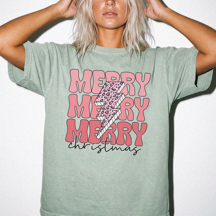 Merry Merry Christmas leopard lightning bolt graphic tee in Bay green with stacked retro pink text and script christmas