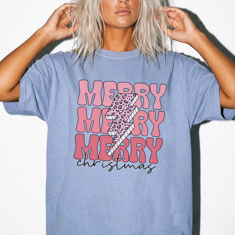 Merry Merry Christmas leopard lightning bolt graphic tee in Blue Jean with stacked retro pink text and script christmas