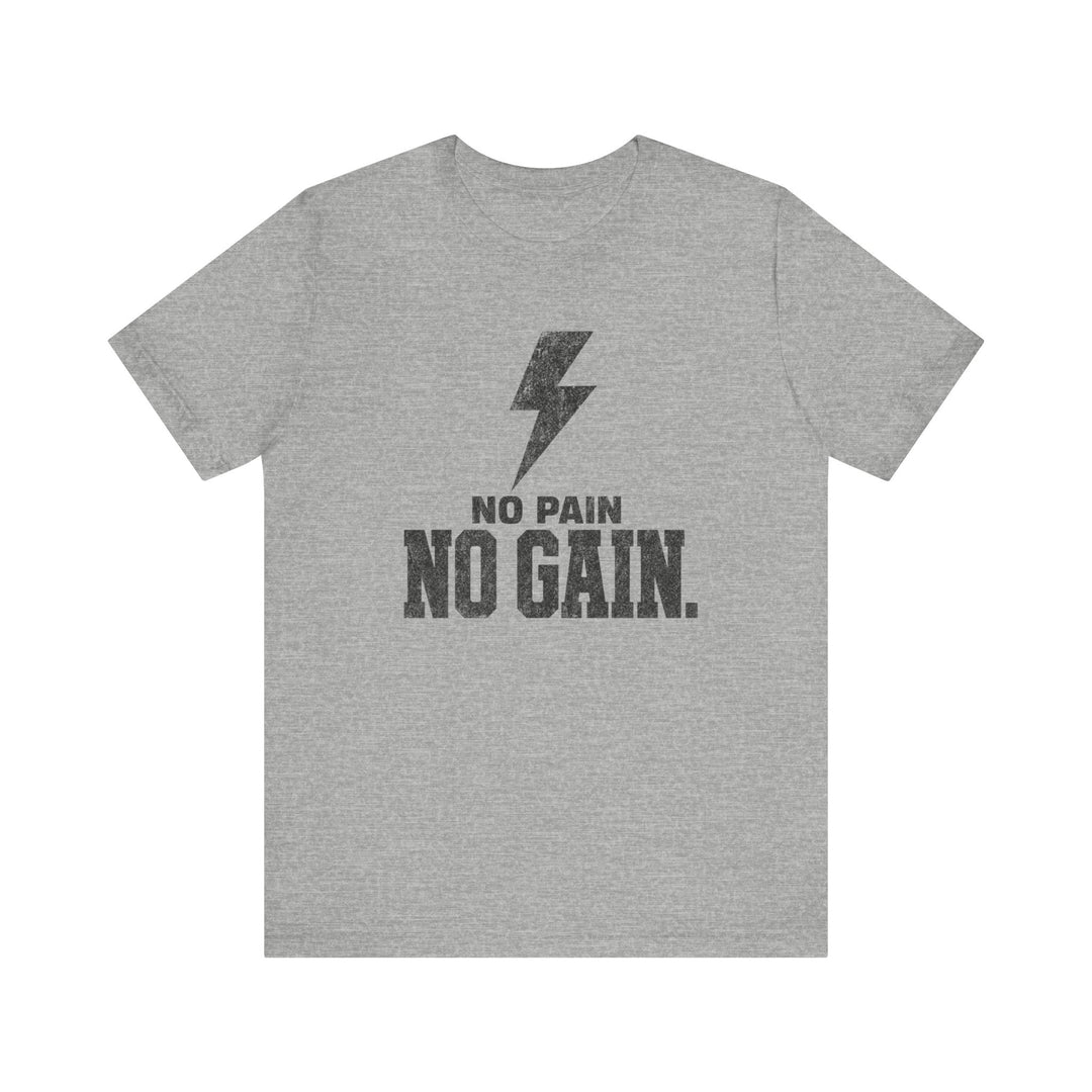 Athletic heather workout shirt with bold distressed lightning bolt and no pain no gain vintage typography graphic in dark charcoal
