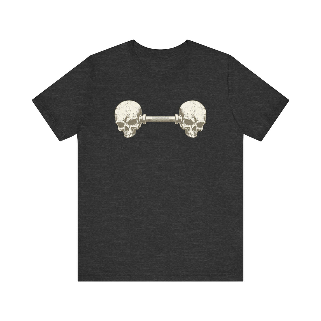 Dark heather skull gym shirt with vintage distressed twin skull dumbbell weightlifting graphic illustration in cream on dark background